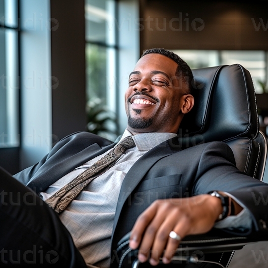 Black man relaxing in office