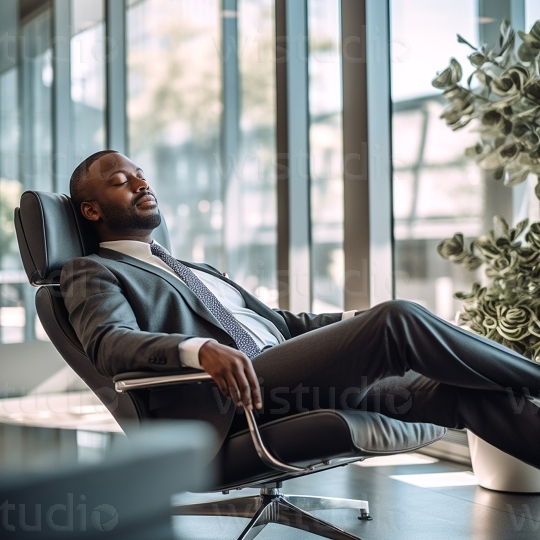 Black man relaxing in office