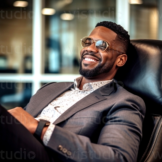 Black man relaxing in office