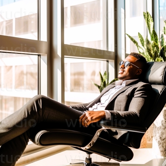 Black man relaxing in office