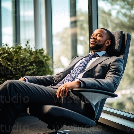 Black man relaxing in office