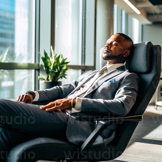 Black man relaxing in office