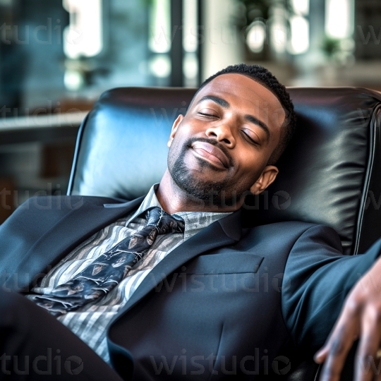 Black man relaxing in office