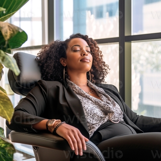 Black woman relaxing in office