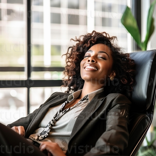 Black woman relaxing in office