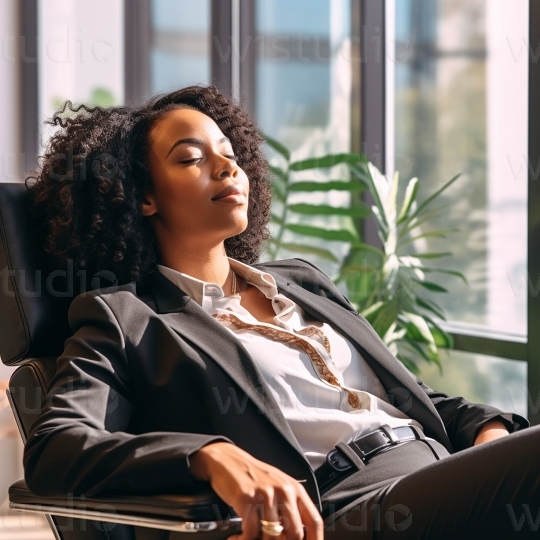 Black woman relaxing in office