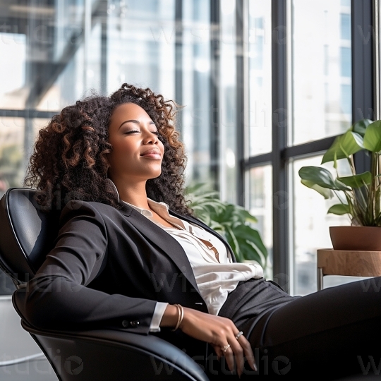 Black woman relaxing in office