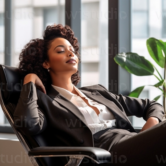 Black woman relaxing in office