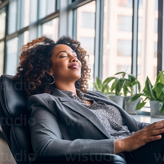 Black woman relaxing in office